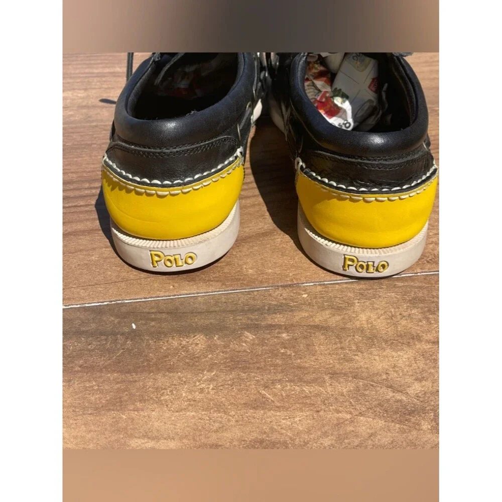 Polo by Ralph Lauren SOREN Black Leather Boat Shoes with Yellow Insoles. 11D
